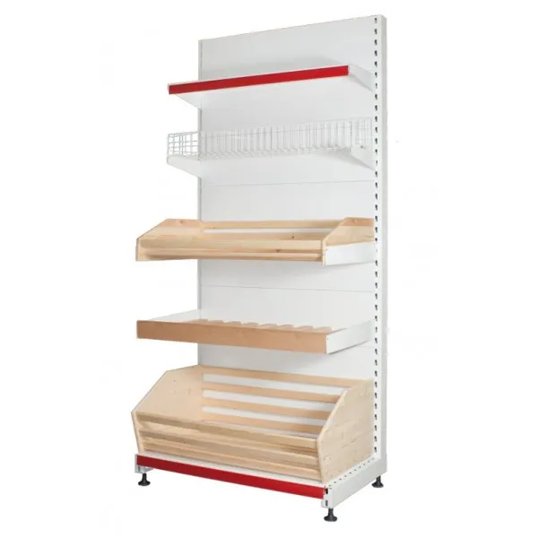 Стеллаж пристенный с деревянными корзинами ,проволочной корзиной и мет. полкой.