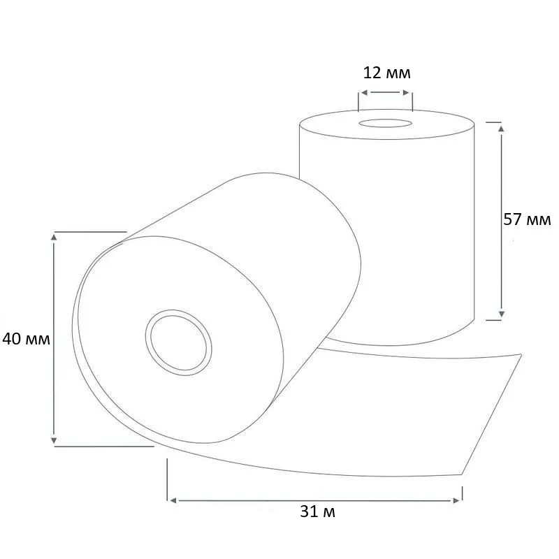 Чековая лента 57х40 термо К ( 140 кол-во в коробке 31 метров в ролике 44 г/м2 плотность )